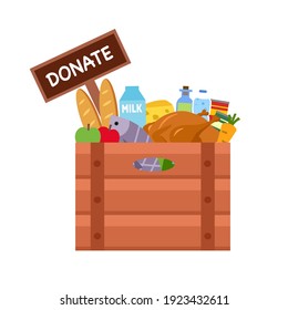 Food donation concept vector illustration on white background. Meat, bread, fruits, cheese, canned food and vegetables in wood box in flat design. Time for charity.