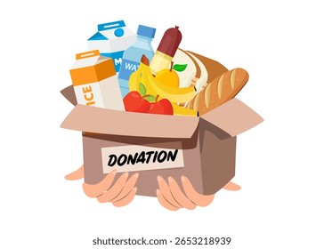 Food donation concept. Vector illustration depicting hand donating a box of food to the needy. Charity, benevolence and humanitarian help. stock Illustration
