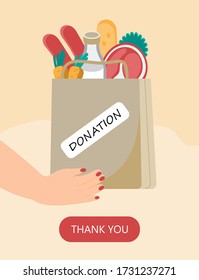 Food donation concept vector. Volunteer is holding a donation package with milk, meat, carrots, bread. Volunteering helping hand event.