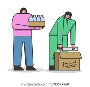 Food Donation Concept. Volunteer Woman Bring Some Food To Shelter. Worker Is Packing It To Cardboard. People Are Donating Food To Poor People. Cartoon Linear Outline Flat Style. Vector Illustration