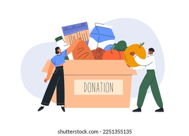 Food donation concept. Volunteers donating charity box, grocery products. Humanitarian help, charitable voluntary aid for hungry people. Flat vector illustration isolated on white background