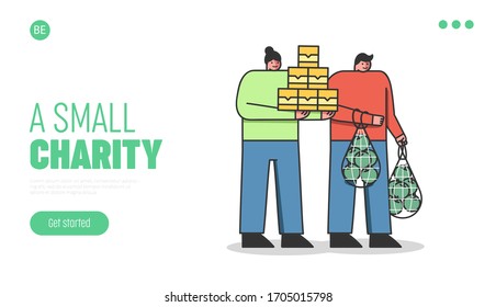 Food Donation Concept. Website Landing Page. Volunteers Standing Holding Lots Of Food Supply. People Donate Food To Poor Needy People. Web Page Cartoon Linear Outline Flat Style. Vector Illustration