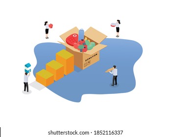 Food donation flat isometric vector concept: Volunteers donating their food into a donation box on white background