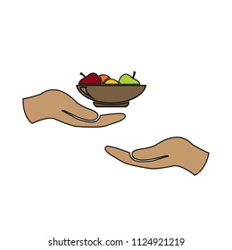 food donation, fruit basket on hand charity vector icon color