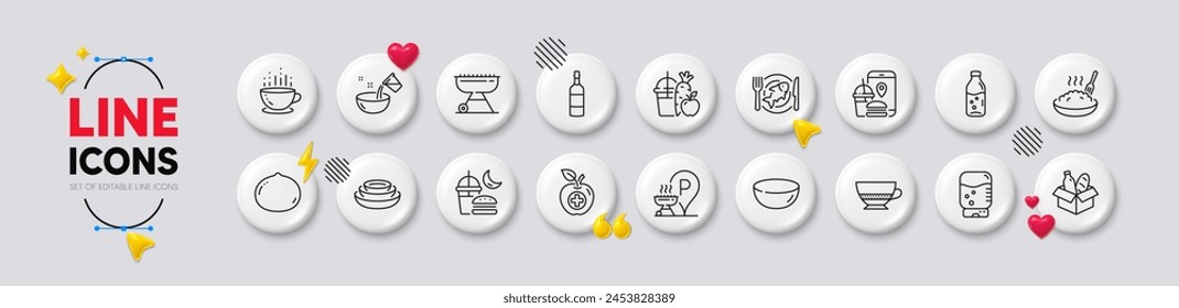 Food donation, Grill and Food app line icons. White buttons 3d icons. Pack of Porridge, Coffee cup, Cooking water icon. Seafood, Dishes, Grill place pictogram. Vector