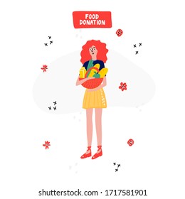 Food donation - hand drawn vector illustration. Red headed girl holding basket with food.