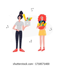 Food donation - hand drawn vector illustration. Family holding baskets with free food.
