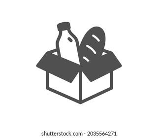 Food donation icon. Charity box sign. Charitable organization symbol. Classic flat style. Quality design element. Simple food donation icon. Vector