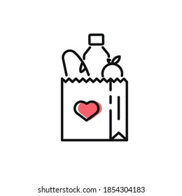 Food donation icon on white. Food bag for donations. Vector black icon for help, social care, volunteering, support for poor people, charity and food drive. Vector outline icon with editable stroke