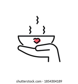 Food donation icon on white. Hand holding plate with soup for donations. Vector black icon for volunteering, support for poor people, charity and food drive. Vector outline icon with editable stroke