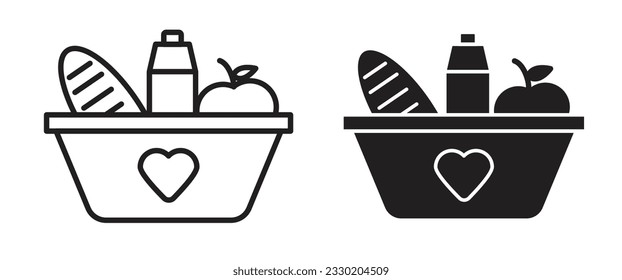 Food donation icon set. donate or charity grocery to needy people vector line symbol.