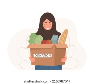 Food donation. Islamic woman in hijab holding in hands cardboard box full of different products. Volunteering and social care concept. Support for poor people. Vector illustration in cartoon style.