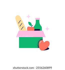 Food donation. Kindness, charity, and volunteering work concept. Vector flat illustration isolated on a white background.