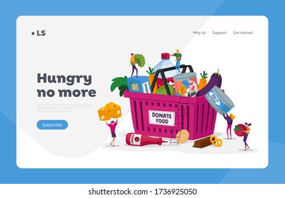 Food Donation Landing Page Template. Tiny Characters Filling Basket with Products for Help to Poor People. Support Social Care, Volunteering and Charity, Humanitarian Aid. Cartoon Vector Illustration