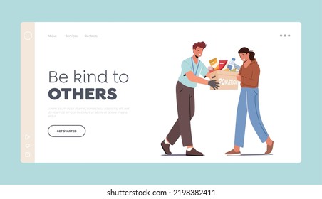 Food Donation Landing Page Template. Social Help to People in Need, Assistance Concept. Kind Volunteer Character Giving Humanitarian Aid Help Box to Refugees Woman. Cartoon Vector Illustration