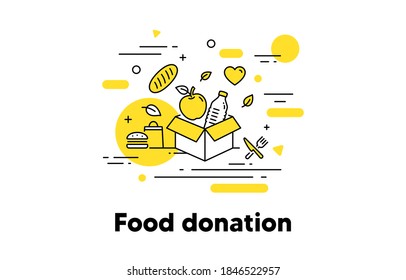 Food donation line icon. Meal box, Donate food, Pantry. Share meal, food charity concept illustration. Humanitarian help box, global hunger line icon. Apple, water and bread. Editable stroke. Vector