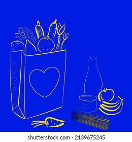 Food donation paper bag for refugees, pure people from Ukraine. Vector concept illustration yellow on blue background in outline handdrawn style