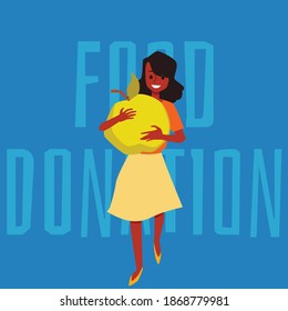 Food donation poster - volunteer woman holding giant apple and smiling. Cartoon African girl carrying fruit to donate to charity, vector illustration on blue background.