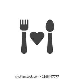 Food donation vector icon. filled flat sign for mobile concept and web design. Spoon with fork and heart simple solid icon. Symbol, logo illustration. Pixel perfect vector graphics