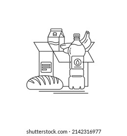 Food donation. Vector, linear icon. Box with food and water.