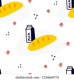 Food donation vector seamless pattern. Illustration of pasta, fish and cheese. 