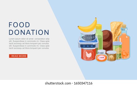 Food donation vector web banner illustration. Charity, food donation for needy and poor people. Canned meat, fruits, tins of tuna fish donated to deprived, social aid contribution webpage.