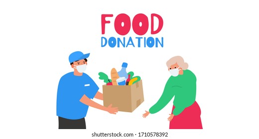 Food Donation Volunteer Give To Senior Woman Grocery Box Vector Illustration