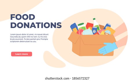 Food Donation. Volunteers Hands In Gloves Holding Box With Grocery And Products. Charity Food Drive Poor Homeless People Vector Concept. Illustration Donate And Care, Assistance Food And Help Charity