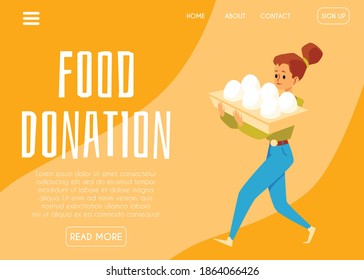 Food donation website interface bright design with young woman carrying donation box, flat vector illustration. Organizing food collection and donations for the poor.