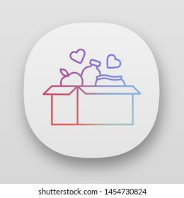 Food donations app icon. Charity food collection. Box with meal, hearts. Humanitarian assistance. Volunteer activity. I/UX user interface. Web or mobile applications. Vector isolated illustrations