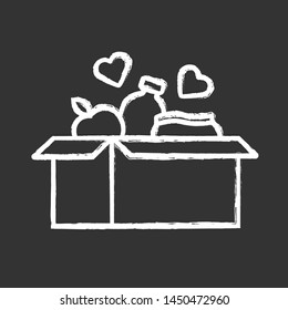 Food donations chalk icon. Charity food collection. Box with meal, hearts. Humanitarian volunteer activity. Helping people in need. Hunger support program. Isolated vector chalkboard illustration