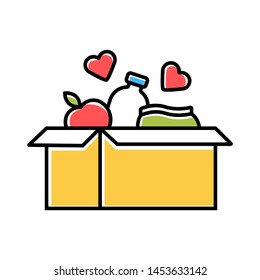 Food Donations Color Icon. Charity Food Collection. Box With Meal, Hearts. Humanitarian Assistance. Volunteer Activity. Helping People In Need. Hunger Support Program. Isolated Vector Illustration