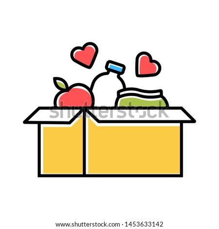 Food donations color icon. Charity food collection. Box with meal, hearts. Humanitarian assistance. Volunteer activity. Helping people in need. Hunger support program. Isolated vector illustration