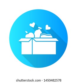 Food donations flat design long shadow glyph icon. Charity food collection. Box with meal, hearts. Humanitarian assistance. Helping people in need. Hunger support. Vector silhouette illustration