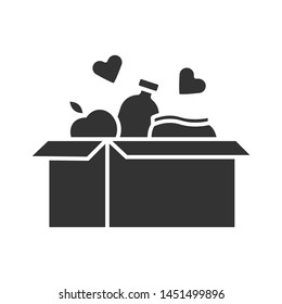 Food Donations Glyph Icon. Charity Food Collection. Box With Meal, Hearts. Humanitarian Volunteer Activity. Helping People In Need. Silhouette Symbol. Negative Space. Vector Isolated Illustration