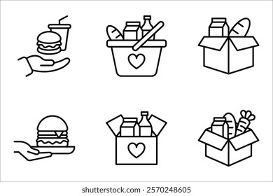 Food donations icon set, charity line collection Box with love. vector illustration on white background. humanitarian volunteer activity.