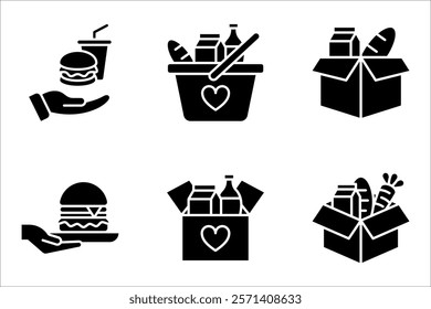 Food donations icon set, charity line collection Box with love. vector illustration on white background. humanitarian volunteer activity.