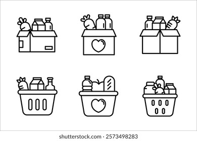 Food donations icon set, Related charity, aid, awareness, donation, vector illustration on white background.