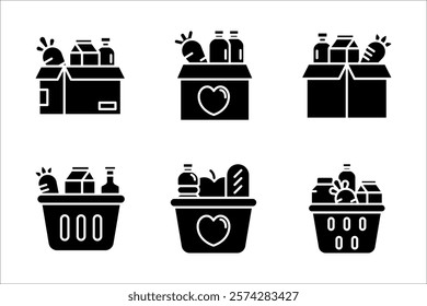 Food donations icon set, Related charity, aid, awareness, donation, vector illustration on white background.