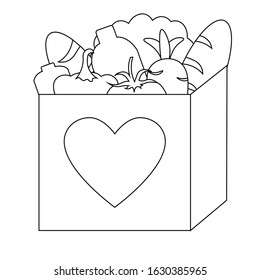 Food donations linear icon. Charity food collection. Box with meal, hearts. Humanitarian volunteer activity. Thin line illustration. Contour symbol. Vector isolated outline drawing. 