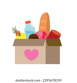 Food donations linear icon. Charity food collection. Box with meal, hearts. Humanitarian volunteer activity. Thin line illustration. Contour symbol. Vector isolated outline drawing. 