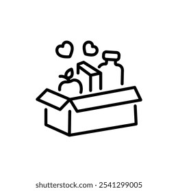 Food donations linear icon. Charity food collection. Box with meal, hearts. Humanitarian volunteer activity. Thin line illustration. Contour symbol. Editable stroke