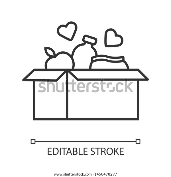 Food donations linear icon. Charity food\
collection. Box with meal, hearts. Humanitarian volunteer activity.\
Thin line illustration. Contour symbol. Vector isolated outline\
drawing. Editable stroke