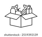 Food donations linear icon, Food donation box for poor and homeless people .Box with different food flat design.  Support concept. Volunteer social assistance. Charity, food donation for needy and poo