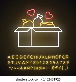 Food Donations Neon Light Icon. Charity Food Collection. Box With Meal, Hearts. Hunger Support Program. Glowing Sign With Alphabet, Numbers And Symbols. Vector Isolated Illustration