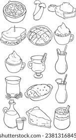 Food Doodle, bakery, smoothie - line vector set