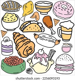food doodle. drink doodle. food and drink doodle vector illustration. food and drink cartoon. suitable for sticker set, icon, logo and graphic design element
