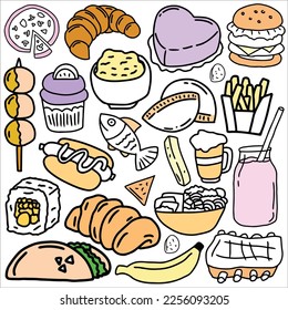 food doodle. drink doodle. food and drink doodle vector illustration. food and drink cartoon. suitable for sticker set, icon, logo and graphic design element