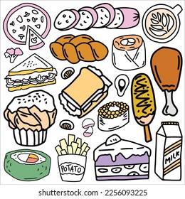 food doodle. drink doodle. food and drink doodle vector illustration. food and drink cartoon. suitable for sticker set, icon, logo and graphic design element