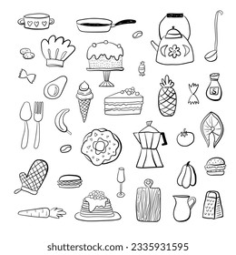 Food doodle hand drawn sketch symbols and objects. Set of kitchen and cooking elements. Vector illustration. Can be used for wallpaper, pattern fills, textile, web page background, surface textures.